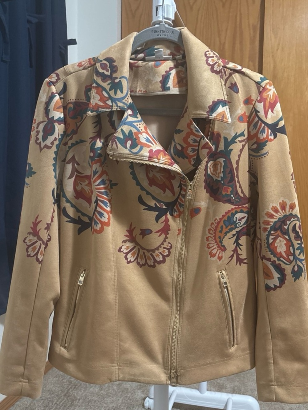 Chico's Tan Floral-Print faux suede Moto Jacket